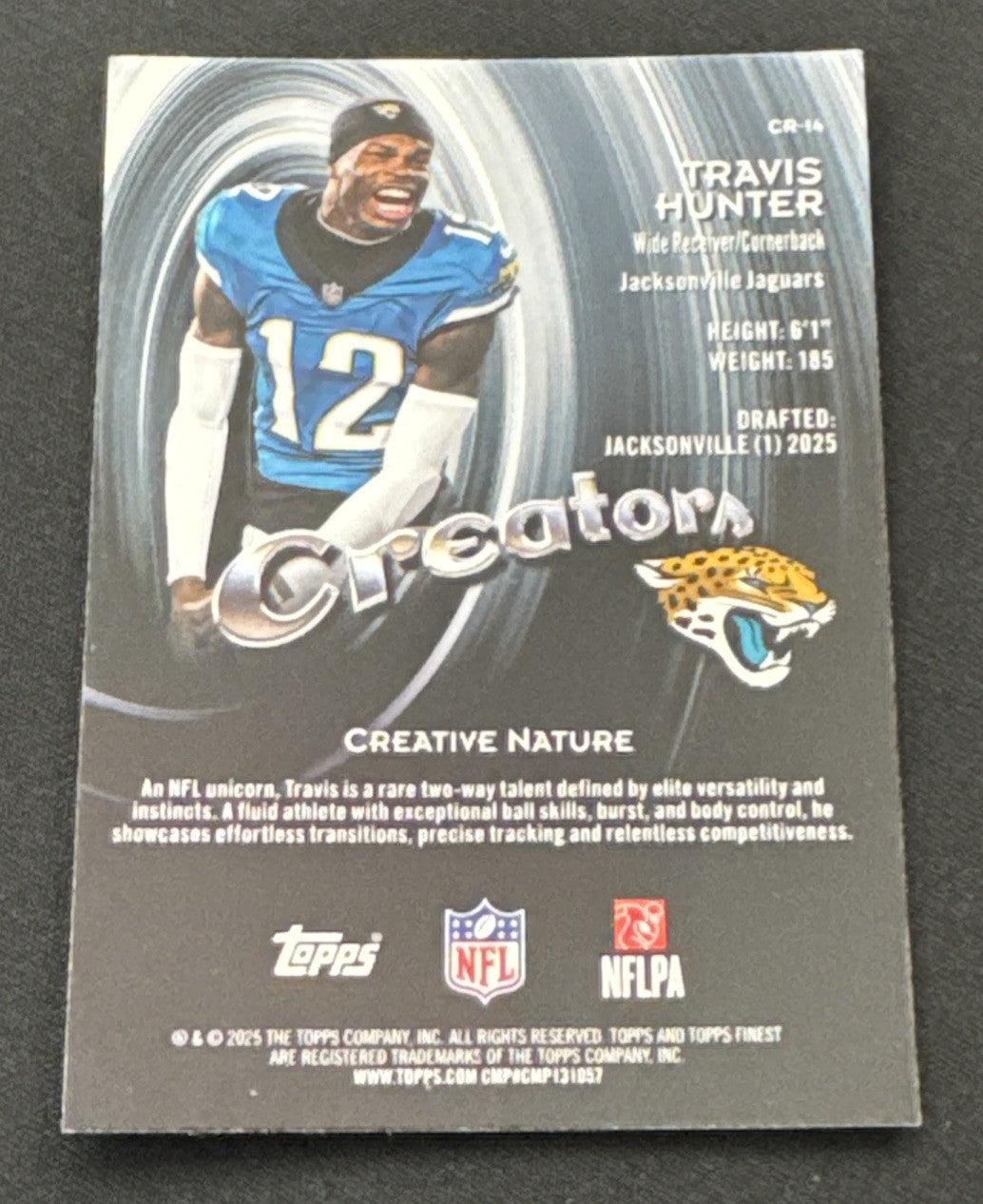 2025 Topps Finest, TRAVIS HUNTER Blue Refractor  /99 CR-14 RC