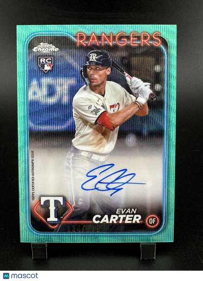 2024 Topps Chrome Evan Carter Rookie Auto RC Aqua Wave Refractor #/199 Rangers