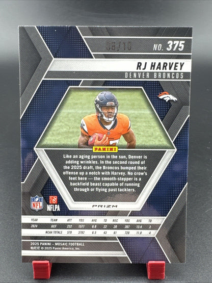 2025 Panini Mosaic RJ Harvey #284 Gold Mosaic Prizm Rookie Denver Broncos 5/10