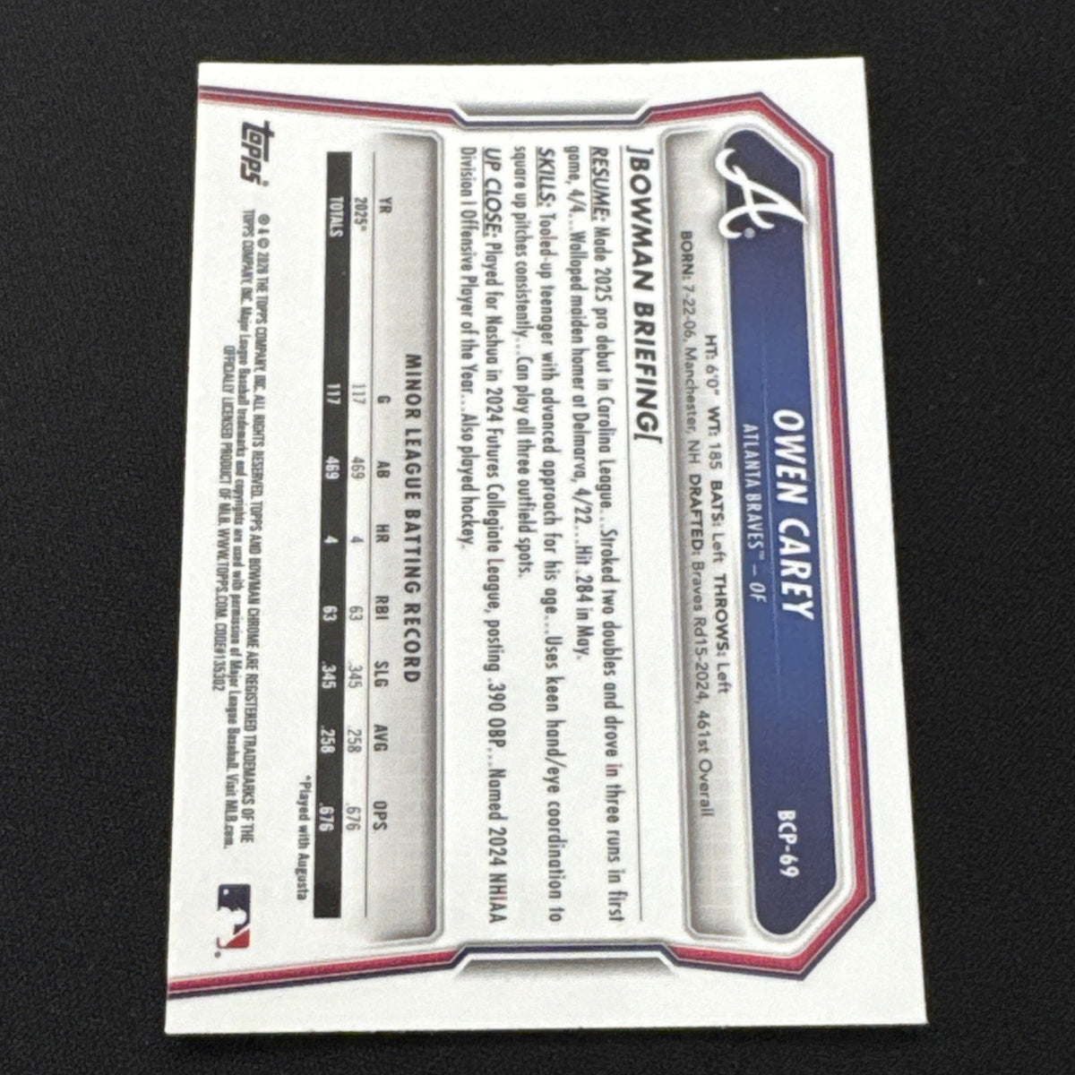 2026 Bowman 1st Chrome Blue Shimmer Owen Carey /150