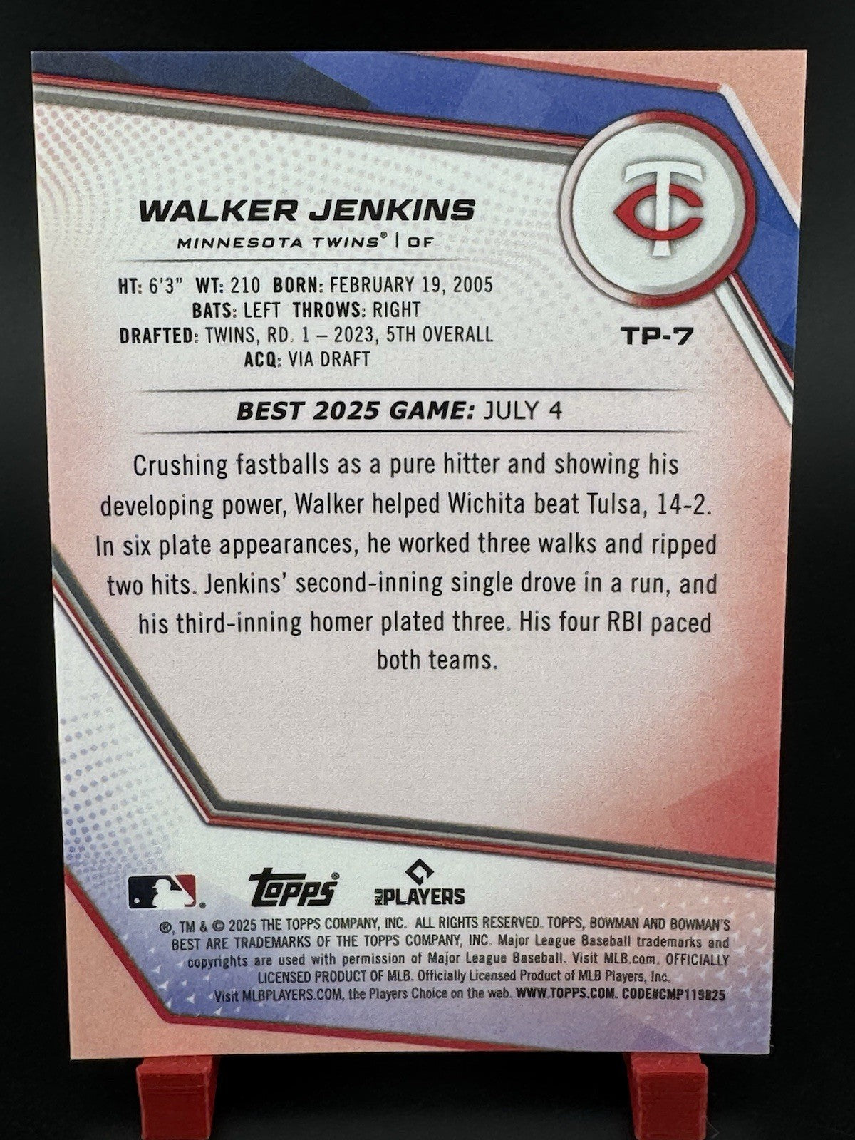 2025 BOWMAN'S BEST WALKER JENKINS TOP PROSPECTS ORANGE REFRACTOR /25