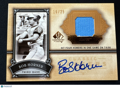 BOB HORNER 2005 SP LEGENDARY CUTS /25 CLASSIC CAREERS  WORN JERSEY PATCH RELIC
