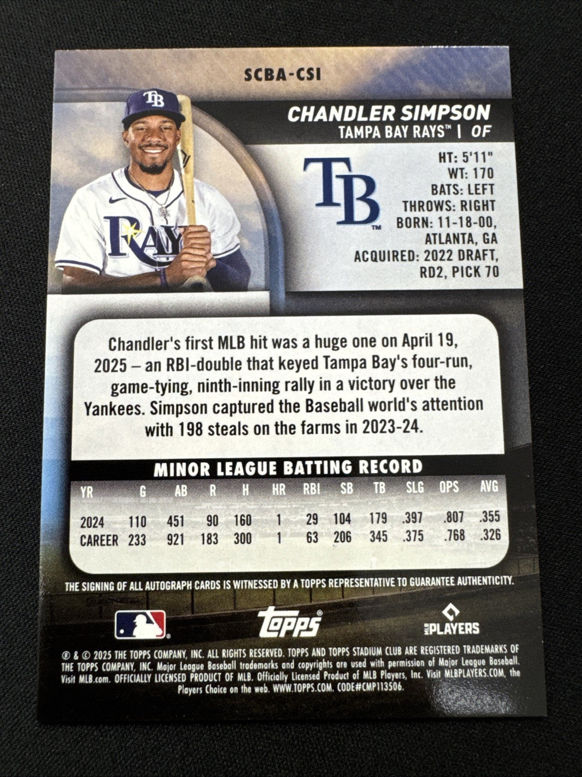 2025 Topps Stadium Club CHANDLER SIMPSON RC ON CARD AUTO ROOKIE - Yellow Auto