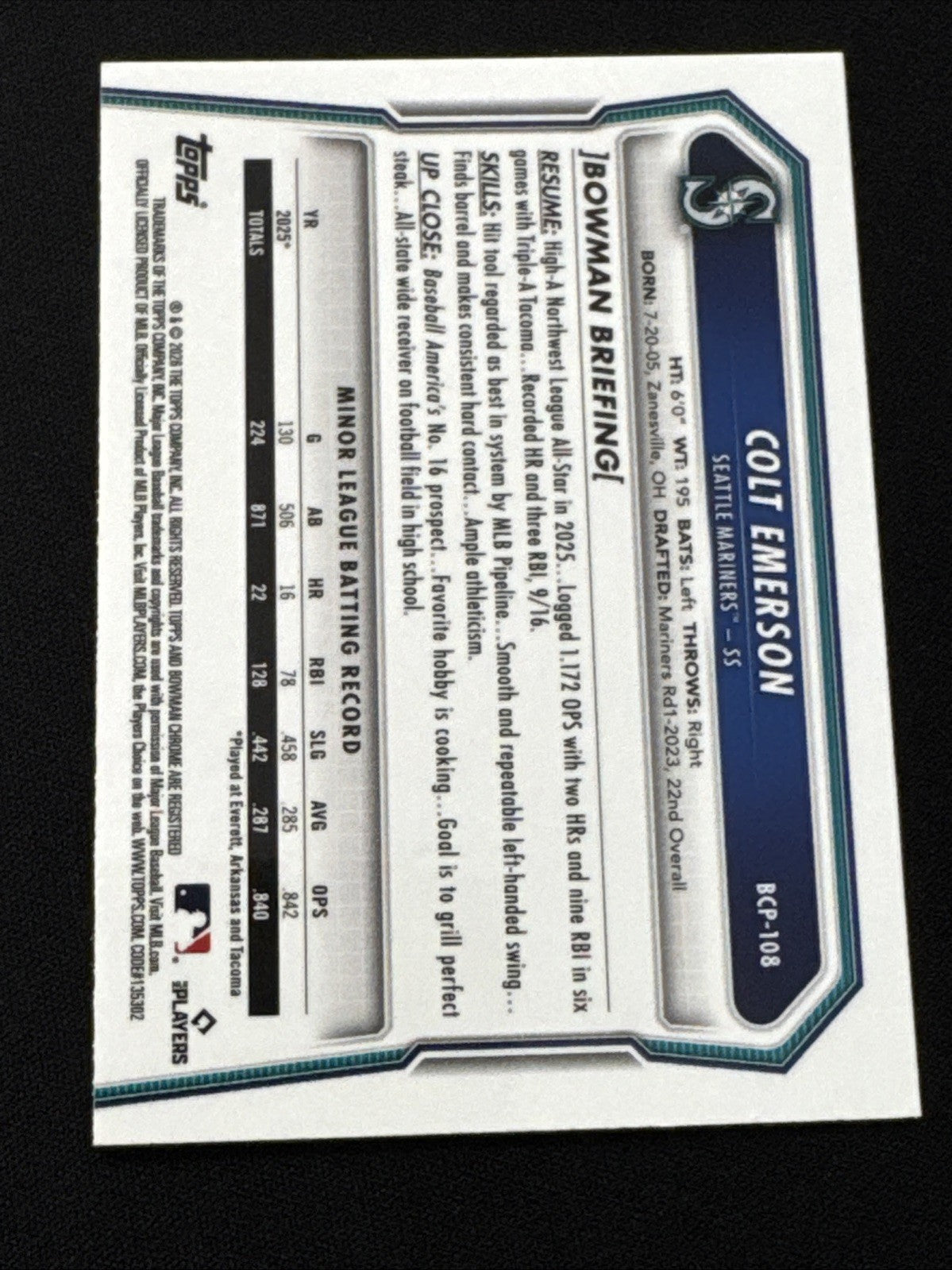 2026 Bowman Chrome Colt Emerson BCP-108 Geometric Purple Refractor /250