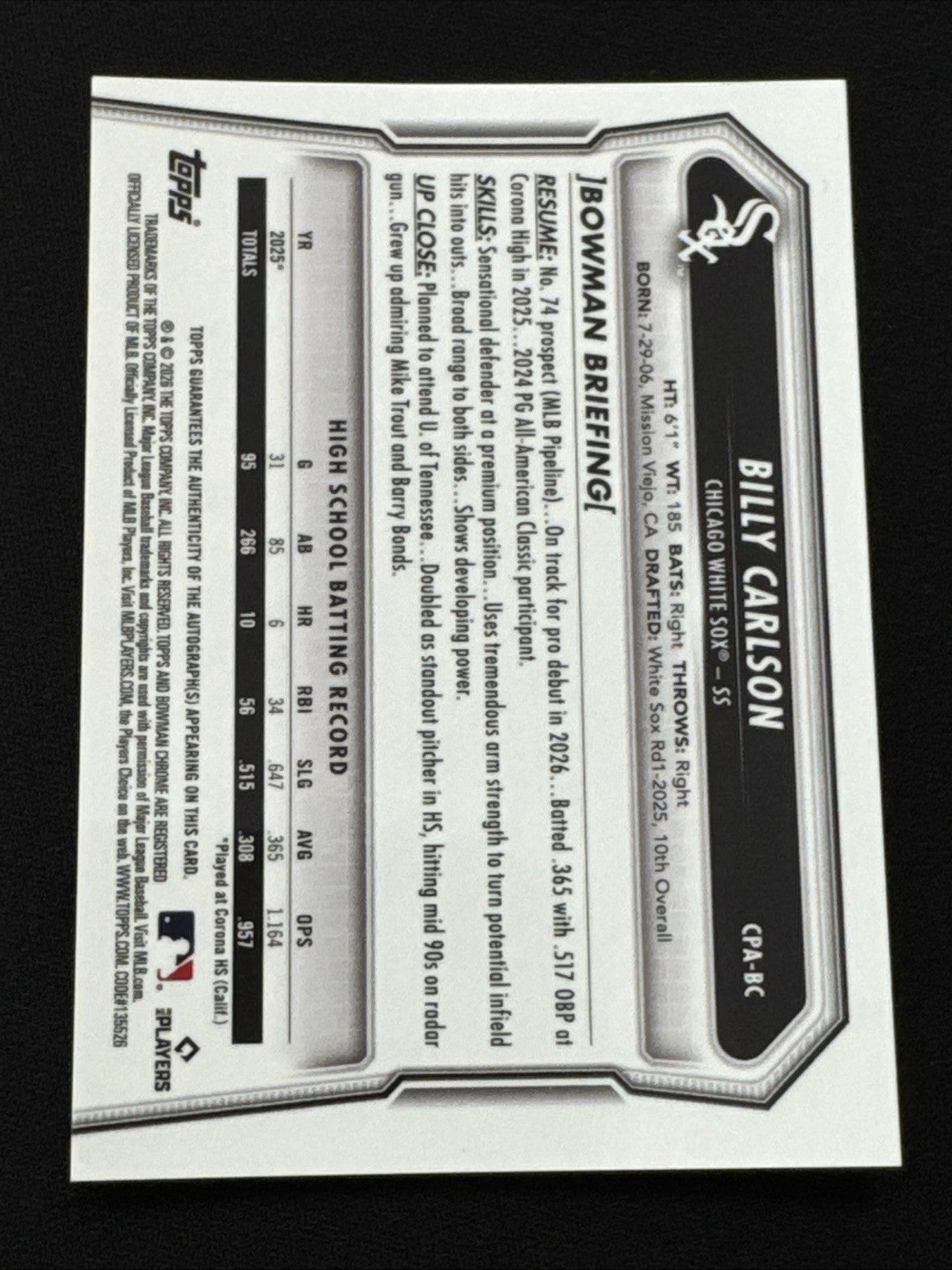2026 Bowman Billy Carlson Chrome Purple Refractor Auto /250