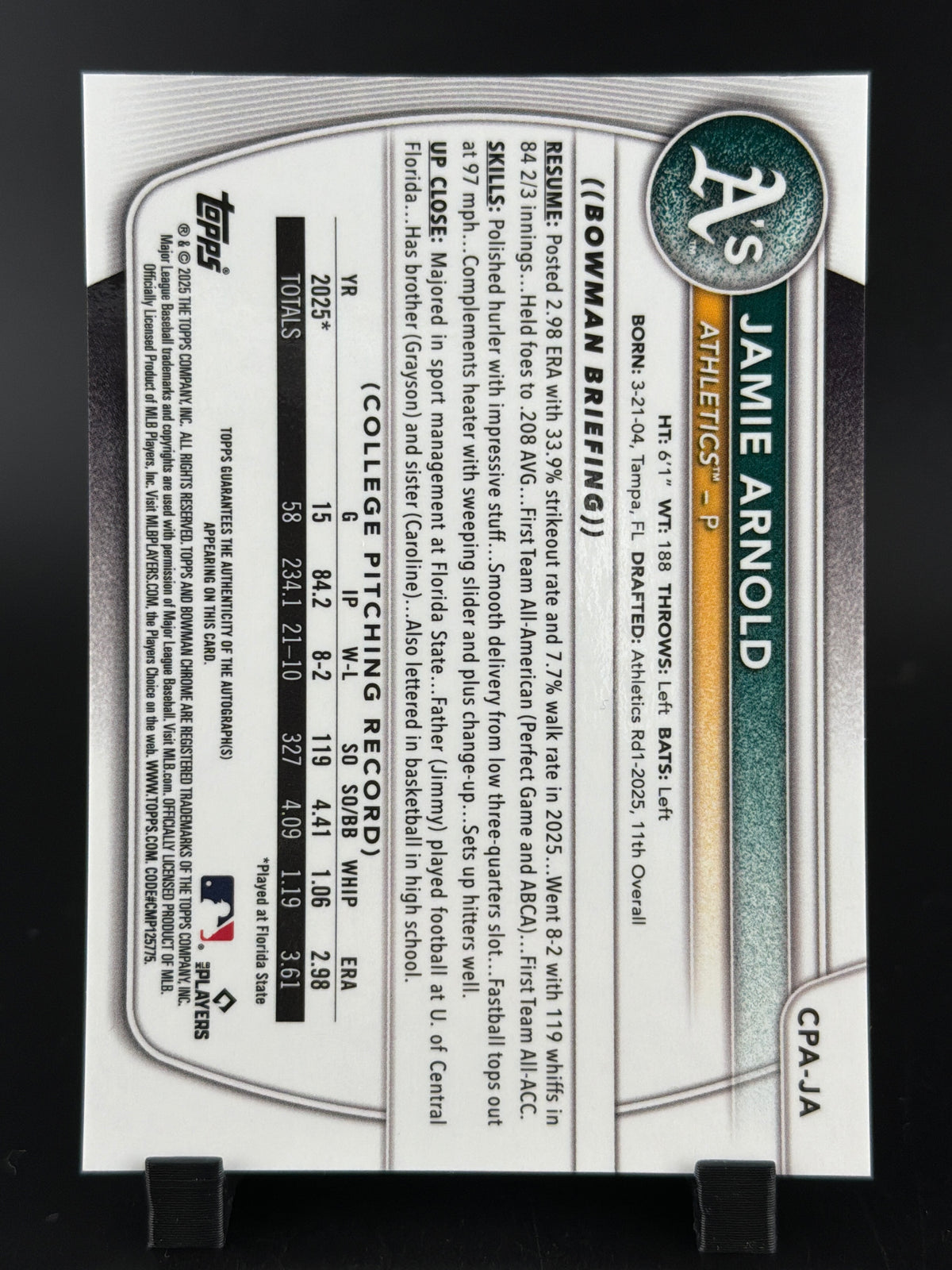 2025 Bowman Chrome Jamie Arnold #CPA-JA