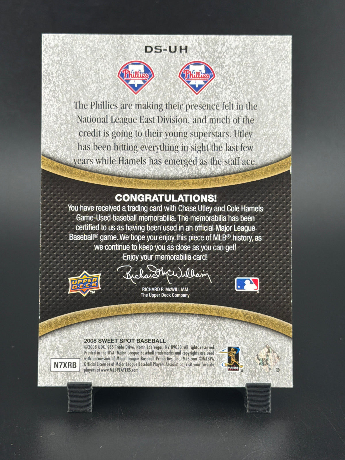 2008 Upper Deck Sweet Spot Cole Hamels Chase Utley #DS-UH Memorabilia