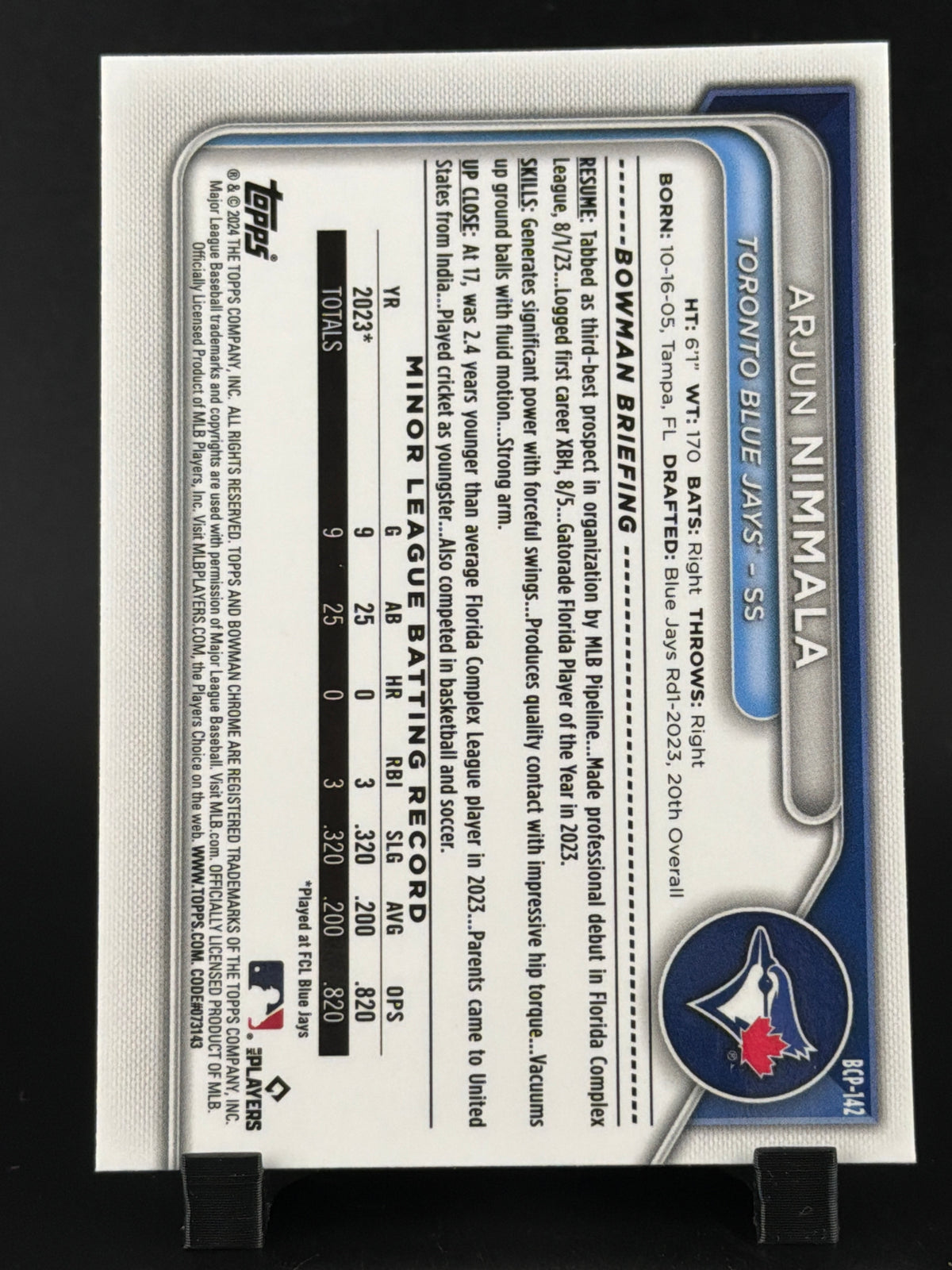 2024 Bowman Chrome Arjun Nimmala #BCP-142 Sky Blue Lunar Glow