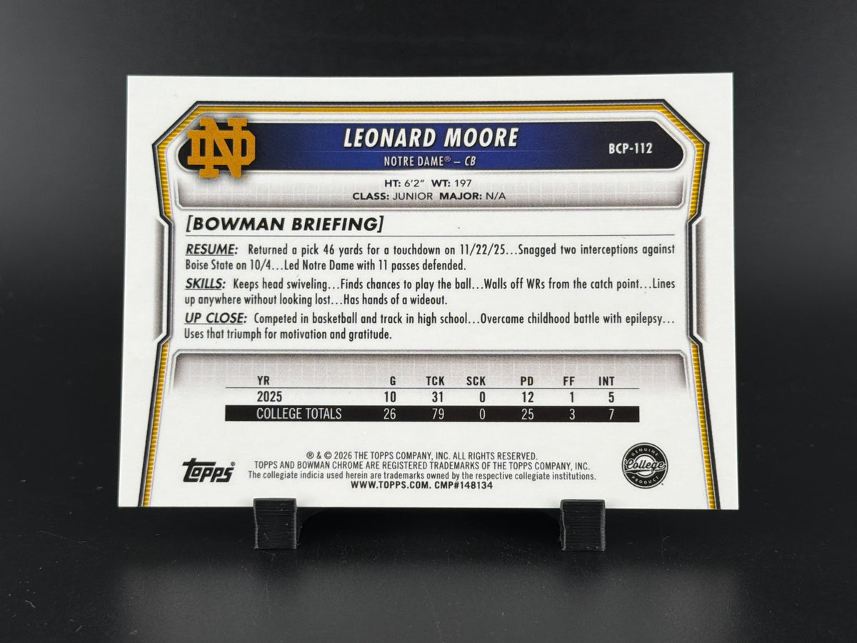 2026 Bowman Chrome University Leonard Moore #BCP-112 Black Refractor /10