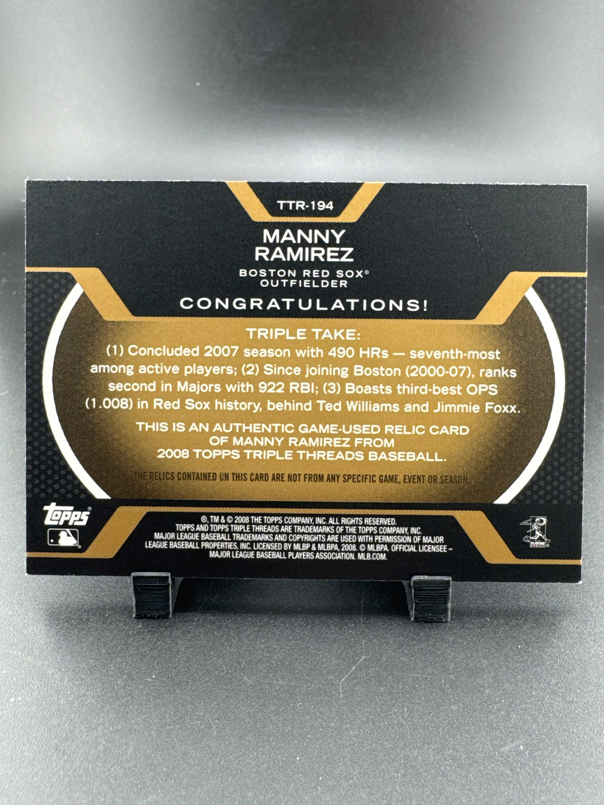 2008 Topps Triple Threads Manny Ramirez #TTR-194 /9 Triple Relic Game-Used Relic