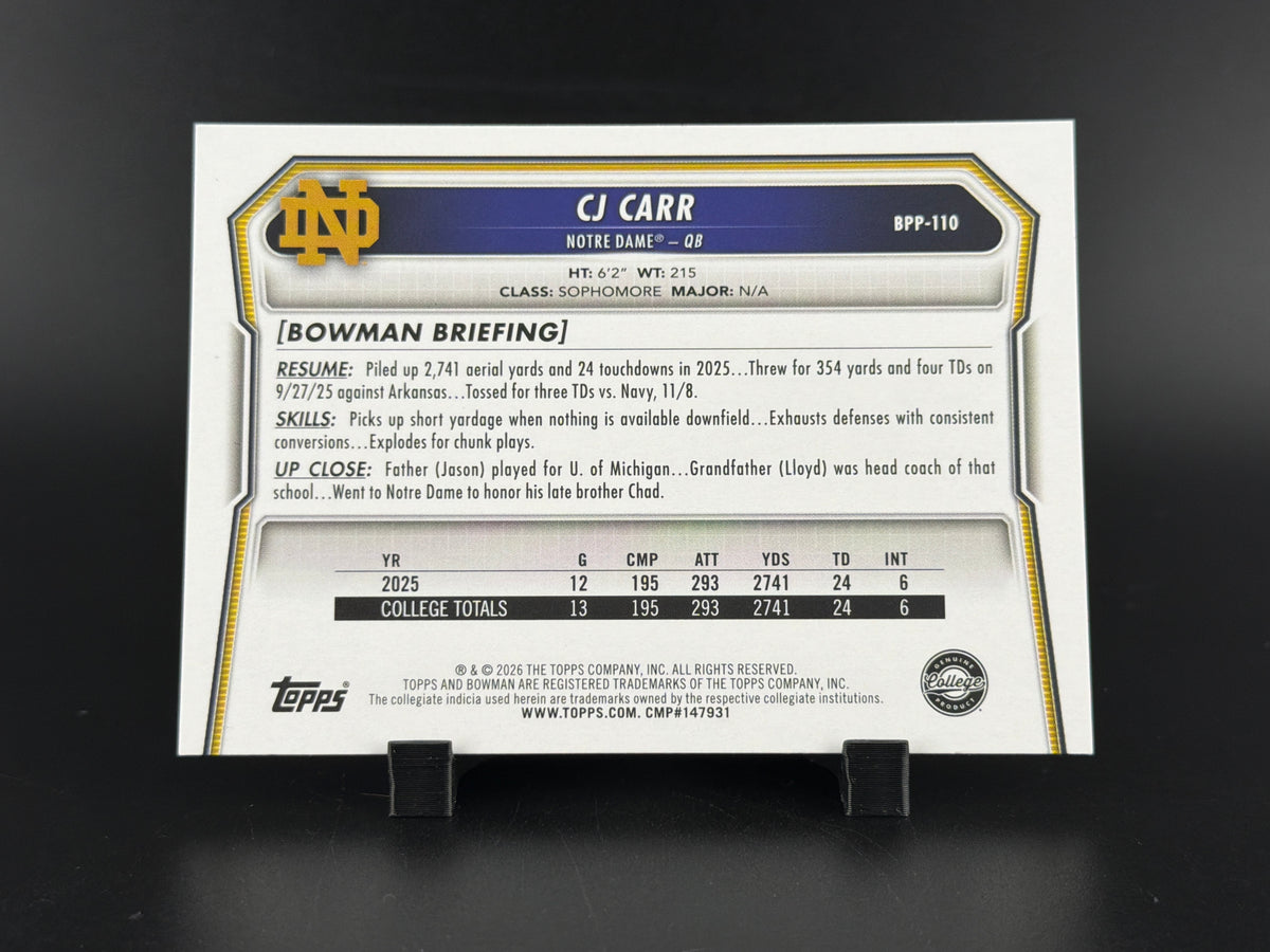 2025 Bowman University Chrome Football CJ Carr #BPP-110 Purple /75