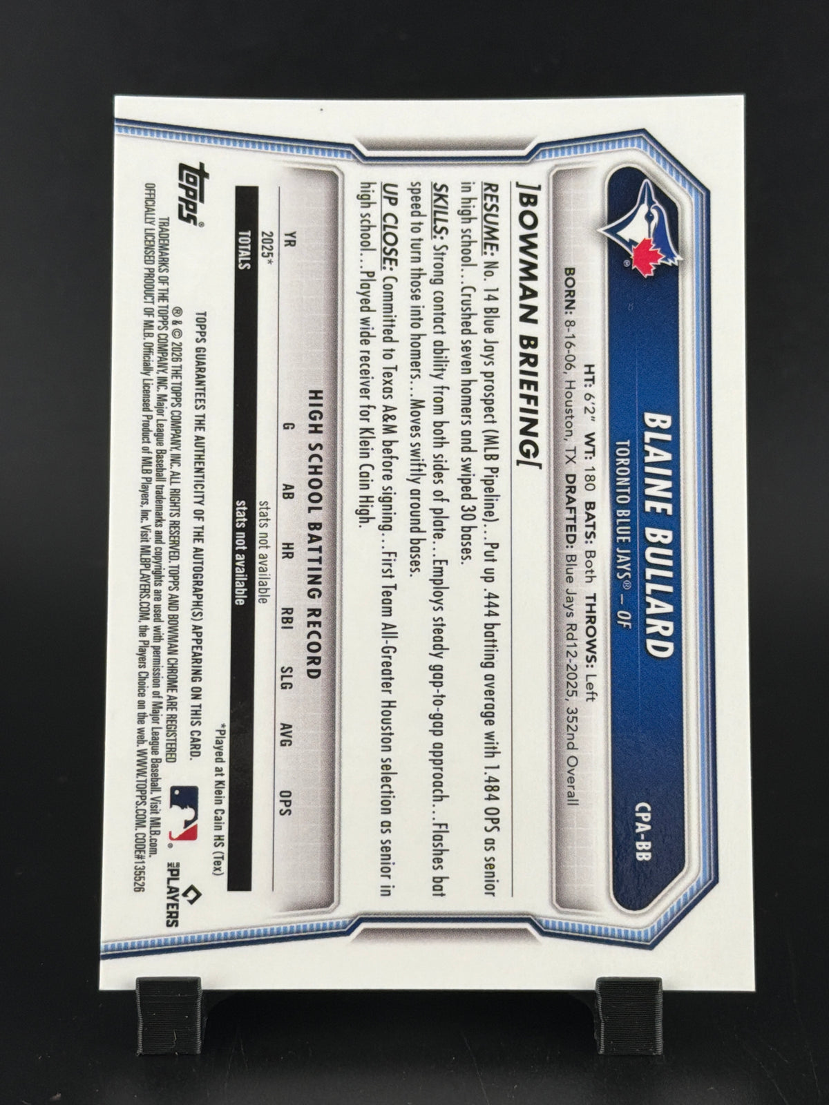 2024 Bowman Chrome Blaine Bullard #CPA-BB
