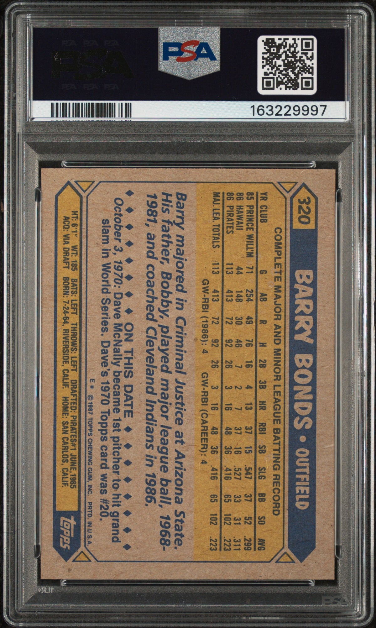 1987 Topps Barry Bonds #320 PSA 6