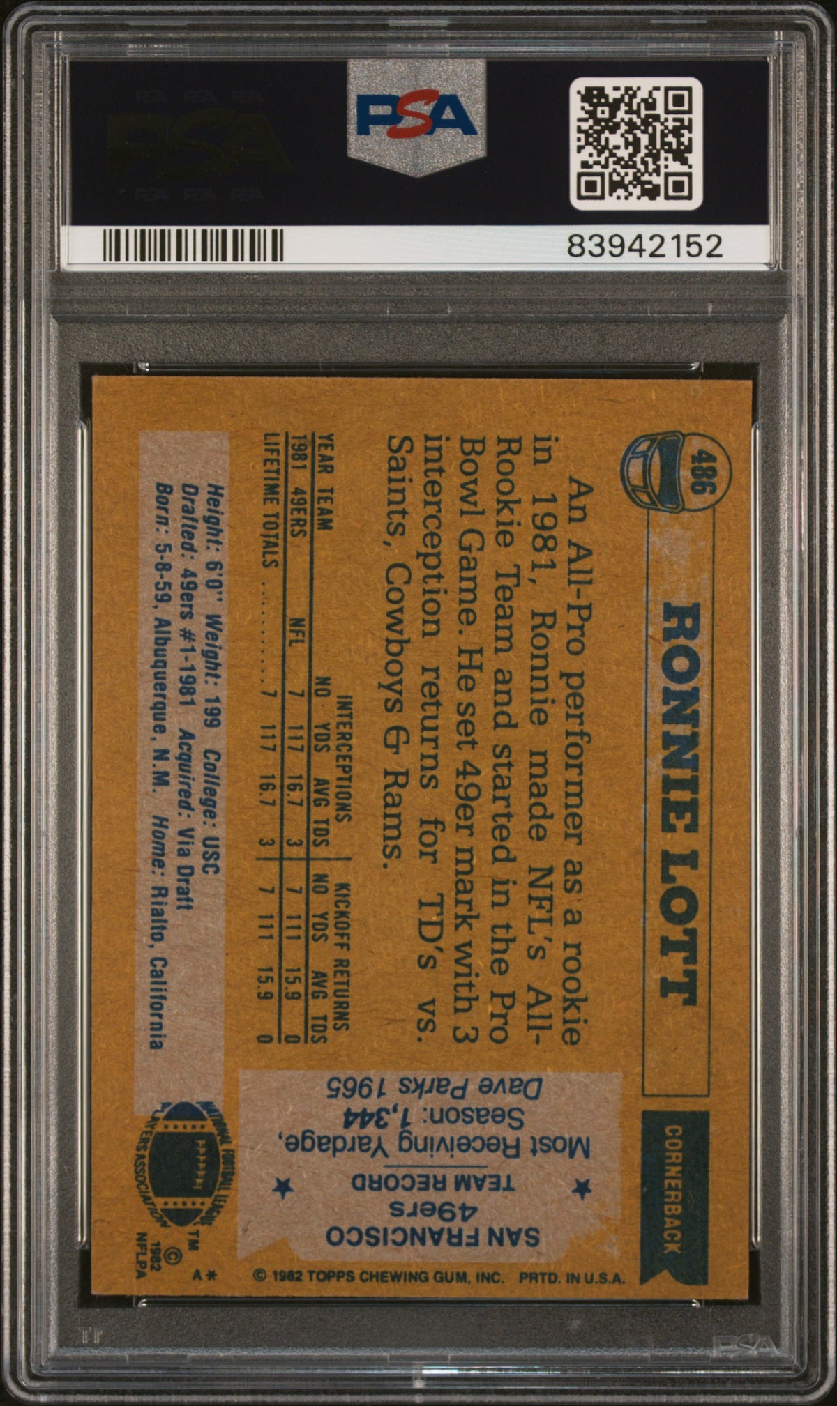 1982 Topps Ronnie Lott #486 All Pro PSA 5