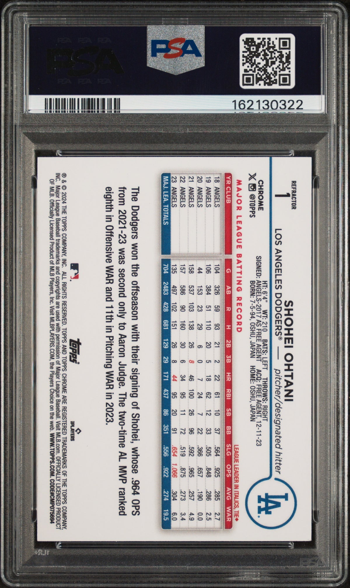 2025 Topps Chrome 2024 Chrome MVP Buybacks Shohei Ohtani #1 '24 Refractor /199