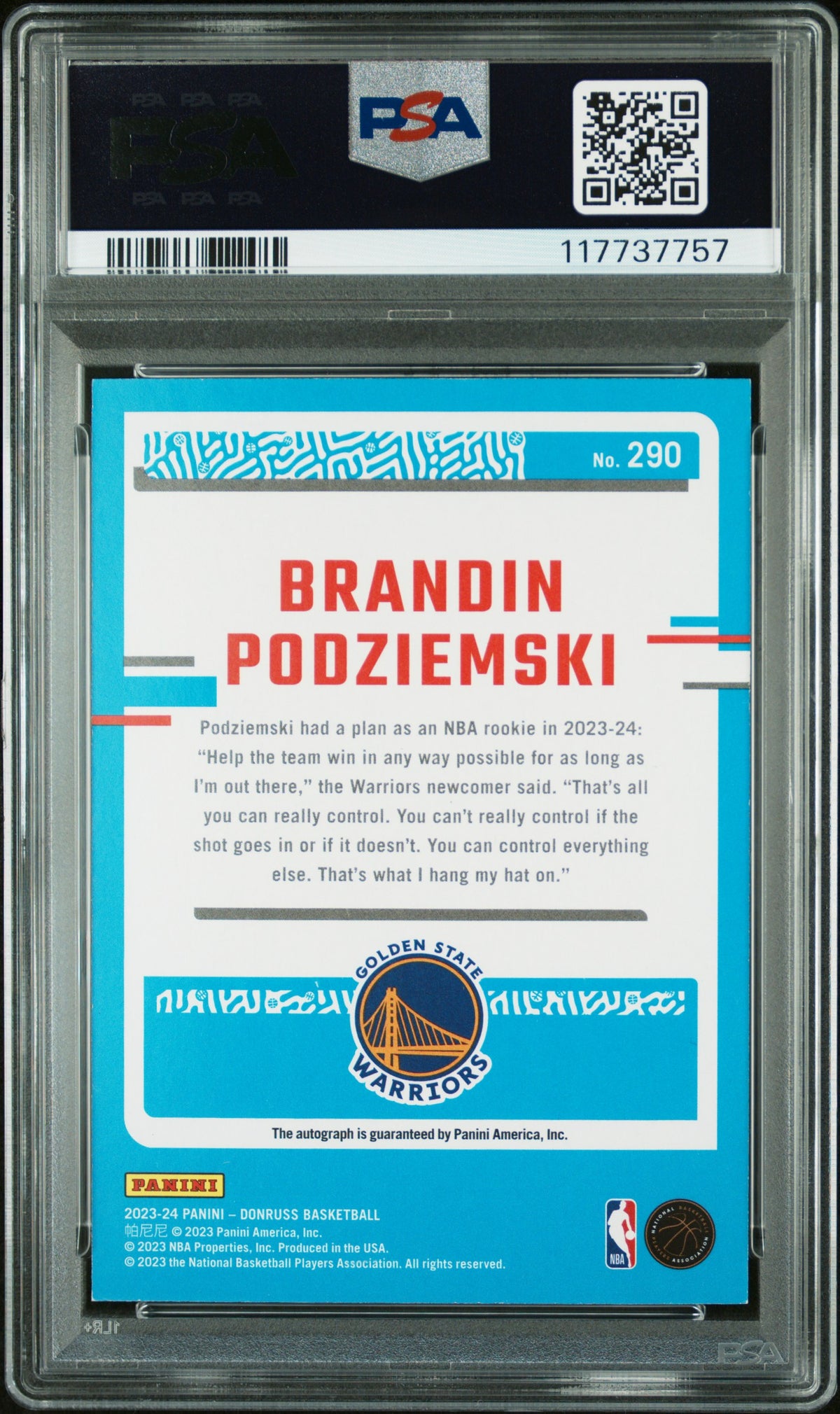 2023 Panini Donruss Brandin Podziemski #290 Rated Rookie Signature PSA 8 Auto 10