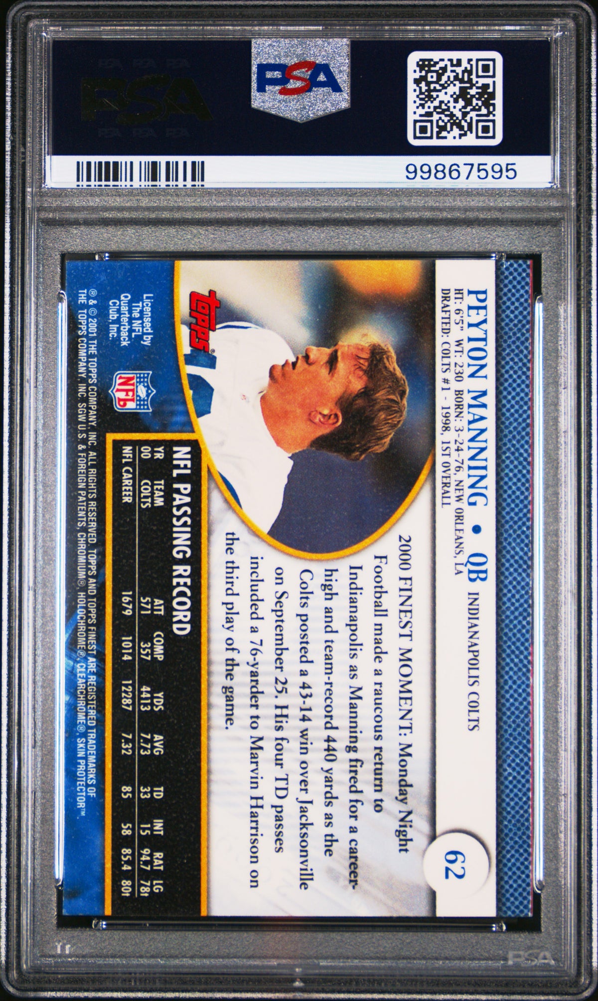 2001 Finest Peyton Manning #62 PSA 9