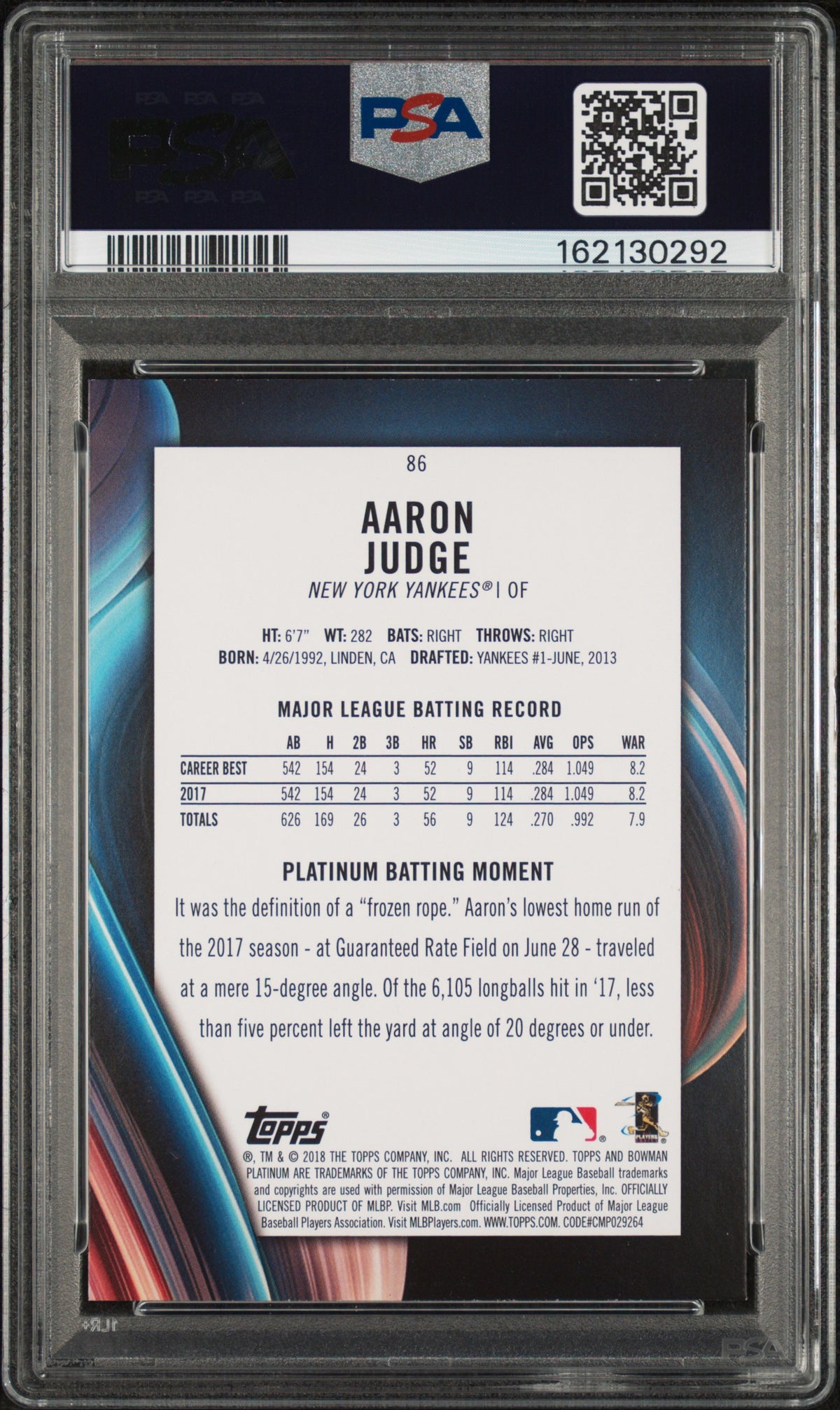 2018 Bowman Platinum Aaron Judge #86 Batting Stance Ice PSA 8