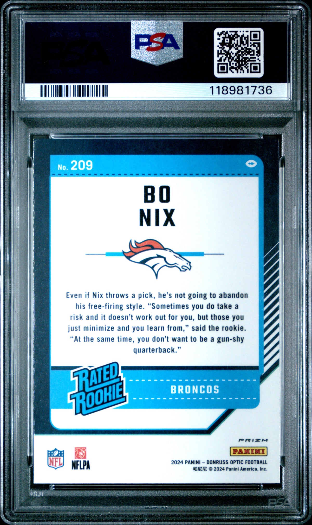 2024 Panini Donruss Optic Bo Nix #209 Fire PSA 10 Rated Rookie