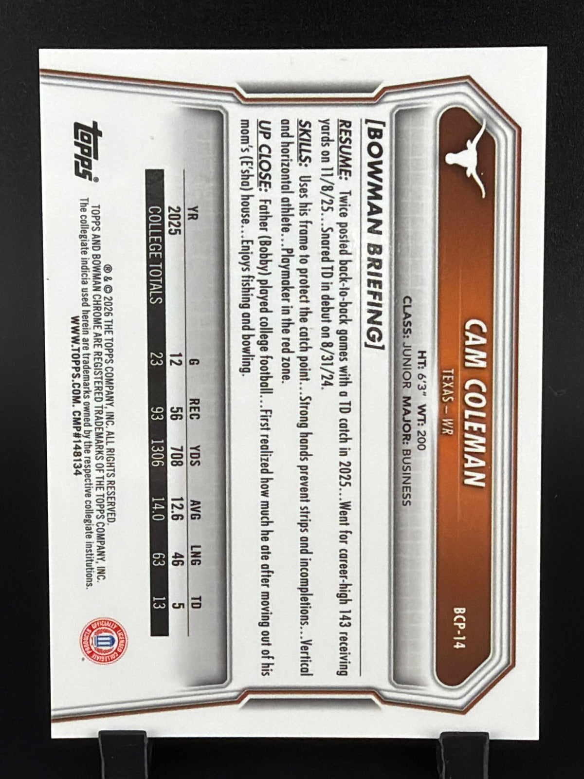 2026 Bowman Chrome University Football Cam Coleman #BCP-14 Mojo Refractor /10