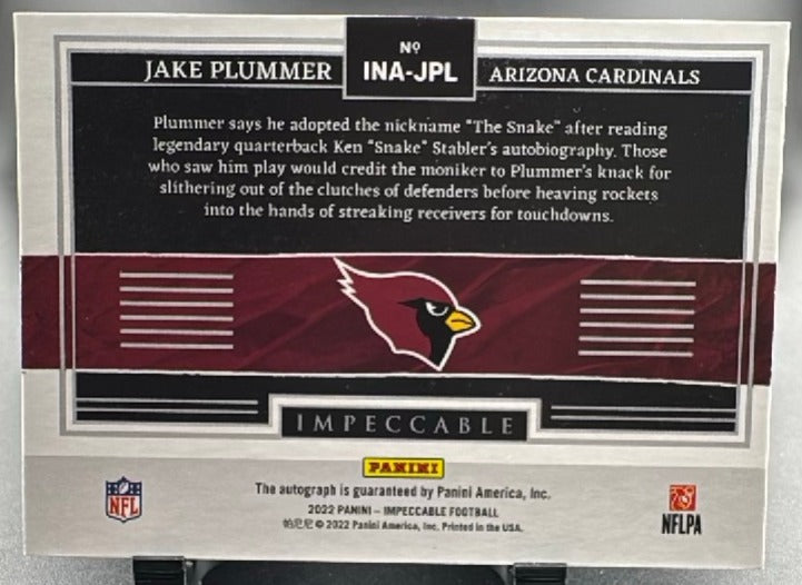 2022 Panini Impeccable Football Jake Plummer #INA-JPL Nicknames Autographs