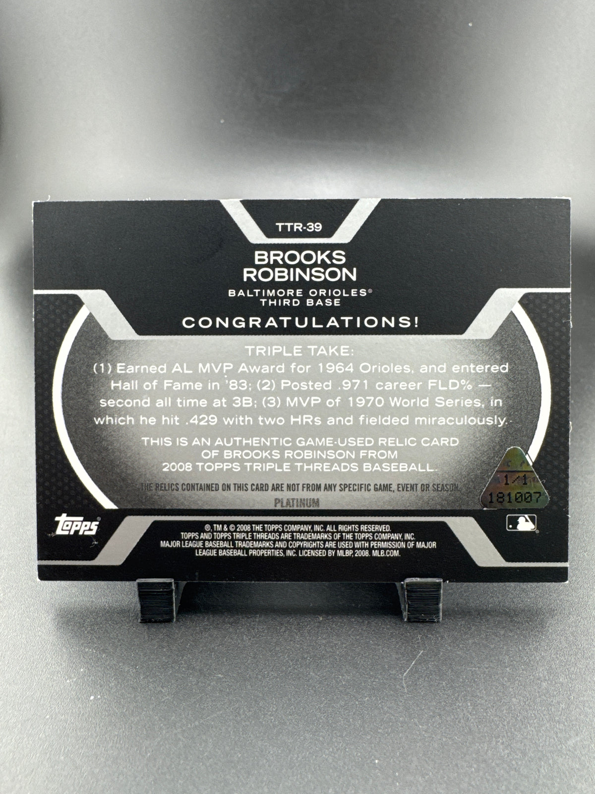 2008 Topps Triple Threads Brooks Robinson #TTR-39 Platinum 1/1 Patch Game-Used
