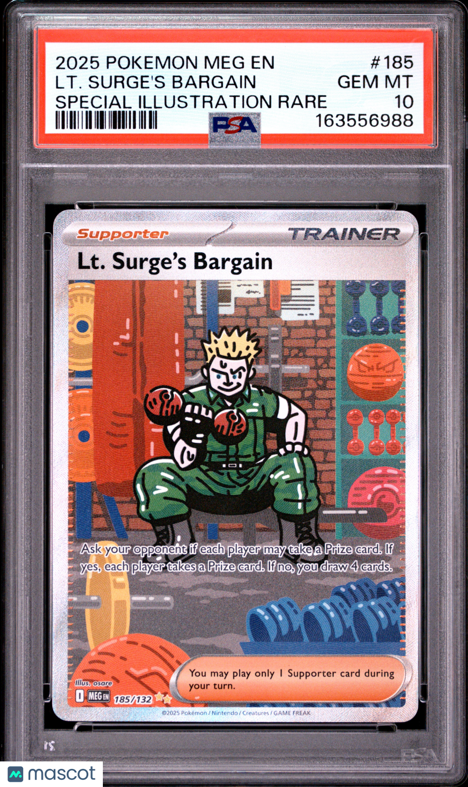 2025 Pokemon Meg EN-Mega Evolution LT. Surge's Bargain SIR PSA 10 #185