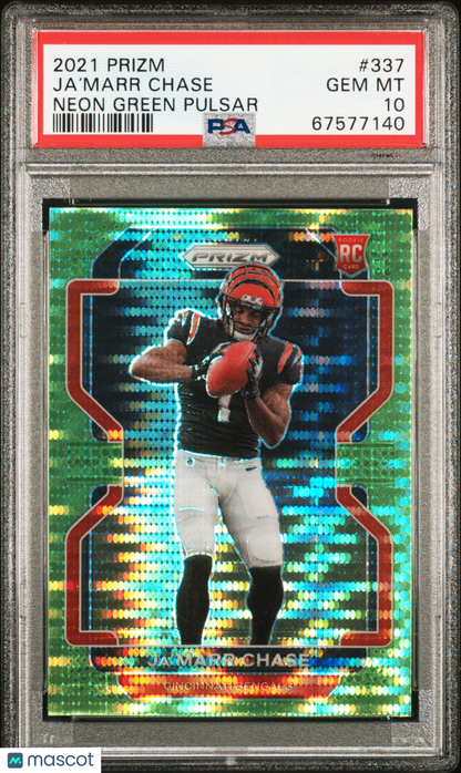 2021 Panini Prizm Ja’Marr Chase #337 Neon Green Pulsar PSA 10