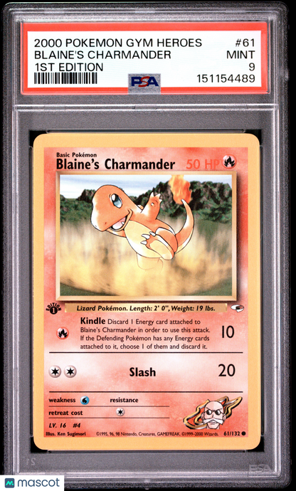 2000 Pokemon Gym Heroes Blaine's Charmander 1st Edition PSA 9 #61